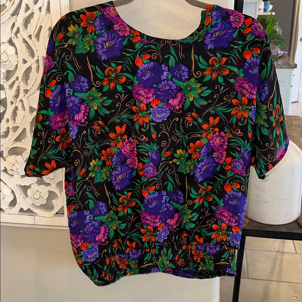 Vintage Vibrant Floral Blouse - Black, Purple, Red, Green
